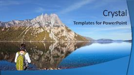  Presentation with green lake - Presentation design consisting of elderly woman with green tourist backpack admires lake and mountain in bariloche the concept of exotic and extreme tourism picturesque summer in argentina background and a light blue colored foreground