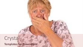  Presentation with head ache - PPT theme with elderly-woman-with-head-ache background and a coral colored foreground