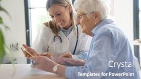  Presentation with elderly home - Presentation theme having elderly woman with nurse at home looking at tablet background and a mint green colored foreground