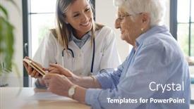  Presentation with elderly home - Amazing presentation theme having elderly woman with nurse at home looking at tablet backdrop and a gray colored foreground