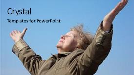  Presentation with woman hands raised to sky - Presentation theme consisting of elderly woman with rised hands background and a light blue colored foreground