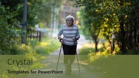  Presentation with walking nordic - Presentation design enhanced with elderly-woman-with-ski-poles background and a tawny brown colored foreground