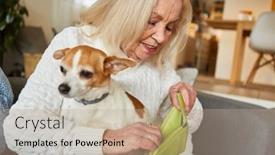  Presentation with poverty - PPT theme featuring elderly-woman-with-small-dog background and a coral colored foreground