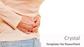  Presentation with stomach - Cool new PPT layouts with elderly woman with stomachache keeps her hands in front of her stomach backdrop and a white colored foreground