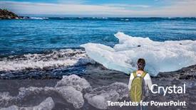  Presentation with lagoon - PPT theme with elderly woman with tourist backpack admires ice in ocean ocean coast ice lagoon - jokulsarlon iceland the concept of extreme northern tourism background and a gray colored foreground