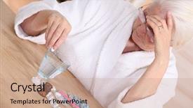  Presentation with elderly depression - PPT theme featuring elderly woman with various medications background and a coral colored foreground