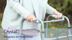  Presentation with elderly people walking difficulties - Cool new PPT theme with elderly woman with walking frame backdrop and a lemonade colored foreground