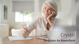  Presentation with elderly home - Presentation theme with beautiful mature businesswoman writing - elderly woman working on computer background and a coral colored foreground
