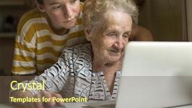  Presentation with elderly care helping hands - PPT theme having elderly woman working on laptop background and a violet colored foreground