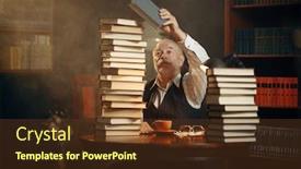  Presentation with stack books - Colorful presentation theme enhanced with elderly-writer-reads-at-table backdrop and a tawny brown colored foreground