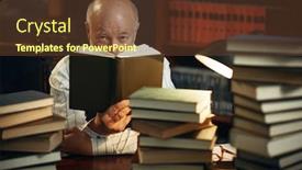  Presentation with stack books - Audience pleasing presentation consisting of elderly-writer-reads-at-table backdrop and a tawny brown colored foreground