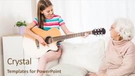  Presentation with listening - Slides having eldery - grandmother listening granddaughter playing guitar background and a sky blue colored foreground