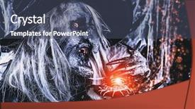  Presentation with wizard - Slide deck consisting of eldery - scary wizard halloween horror film background and a ocean colored foreground