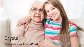  Presentation with sit stand desk - Beautiful PPT theme featuring eldery - smiling granddaughter sit hugging backdrop and a soft green colored foreground