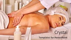  Presentation with spa salon - Beautiful presentation theme featuring eldery - woman middle-aged luxuriating on back backdrop and a coral colored foreground