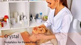  Presentation with spa salon - Beautiful PPT theme featuring eldery - woman middle-aged take face backdrop and a coral colored foreground