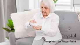  Presentation with pensioner - PPT theme enhanced with eldery-woman-sitting background and a light gray colored foreground