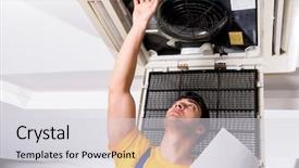  Presentation with air conditioning - Slide deck having elecctrical ac - repairman repairing ceiling air conditioning background and a light gray colored foreground