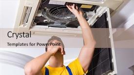  Presentation with air conditioning - PPT theme having elecctrical ac - repairman repairing ceiling air conditioning background and a coral colored foreground