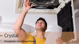  Presentation with air conditioning - PPT theme enhanced with elecctrical ac - repairman repairing ceiling air conditioning background and a coral colored foreground