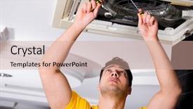  Presentation with air conditioning - Audience pleasing PPT theme consisting of elecctrical ac - repairman repairing ceiling air conditioning backdrop and a coral colored foreground