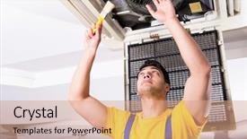  Presentation with air conditioning - Slide deck with elecctrical ac - repairman repairing ceiling air conditioning background and a  colored foreground