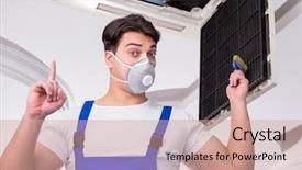  Presentation with air conditioning - Slide deck having elecctrical ac - worker repairing ceiling air conditioning background and a  colored foreground