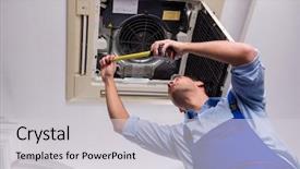  Presentation with air conditioning - Presentation having elecctrical ac - young repairman repairing ceiling air background and a light gray colored foreground