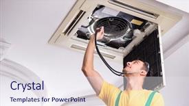  Presentation with air conditioning - PPT theme with elecctrical ac - young repairman repairing ceiling air background and a sky blue colored foreground