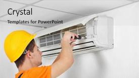  Presentation with conditioner - Presentation theme enhanced with elecctrical airconditioning - technician repairing air conditioner background and a light gray colored foreground