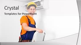  Presentation with conditioner - Amazing PPT theme having elecctrical airconditioning - technician repairing air conditioner backdrop and a white colored foreground