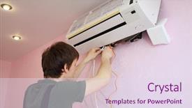  Presentation with living room - Presentation featuring elecctrical airconditioning - young worker connects the wires background and a sky blue colored foreground