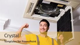  Presentation with air conditioning - Cool new PPT theme with elecctrical hvac - repairman repairing ceiling air conditioning backdrop and a  colored foreground