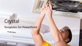  Presentation with hvac - Slide deck featuring elecctrical hvac - repairman repairing ceiling air conditioning background and a  colored foreground