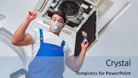  Presentation with air conditioning - PPT theme having elecctrical hvac - worker repairing ceiling air conditioning background and a  colored foreground