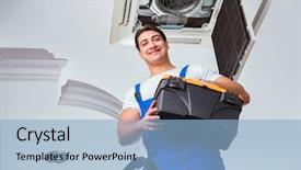  Presentation with air conditioning - Slide deck with elecctrical hvac - worker repairing ceiling air conditioning background and a  colored foreground