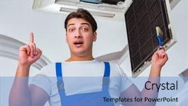  Presentation with air conditioning - PPT theme consisting of elecctrical hvac - worker repairing ceiling air conditioning background and a light blue colored foreground