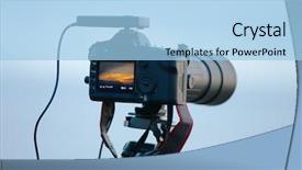  Presentation with lens - Audience pleasing theme consisting of elecron - modern dslr camera with telephoto backdrop and a light blue colored foreground