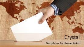  Presentation with box - Presentation design enhanced with election vote - hand putting a voting ballot background and a coral colored foreground