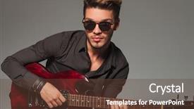  Presentation with electirc byke - Slide deck having electircity - smiling young man playing background and a  colored foreground