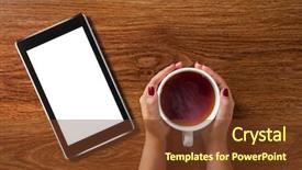  Presentation with hot tea - Slide deck enhanced with movie teathe - woman holding hot cup background and a  colored foreground