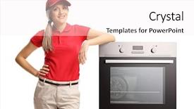  Presentation with sales - Cool new presentation theme with electrcity - female sales manager standing next backdrop and a sky blue colored foreground