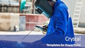  Presentation with pipe - Cool new PPT theme with electric arc - african worker welding outdoors backdrop and a ocean colored foreground