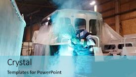  Presentation with shipbuilding - Beautiful slide deck featuring electric arc - shipbuilding factory worker in protective backdrop and a light blue colored foreground