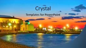  Presentation with sea port - Colorful slide deck enhanced with electric boat - sea-front and old port backdrop and a light blue colored foreground