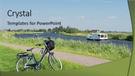  Presentation with water river - Presentation design consisting of electric boat - typical dutch landscape with river background and a light blue colored foreground