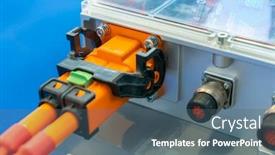  Presentation with electric car battery - PPT theme consisting of electric-car-lithium-battery-pack background and a ocean colored foreground