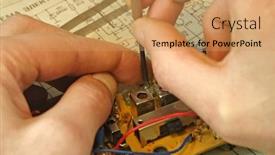  Presentation with electric circuit - Slide deck featuring electric circuit and repair of an old radio receiver background and a coral colored foreground