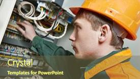  Presentation with fuse - PPT theme featuring electrical current - young adult electrician builder engineer background and a dark gray colored foreground