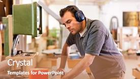  Presentation with electric engeneering - Theme with safety mill - carpenter is standing on electric background and a coral colored foreground